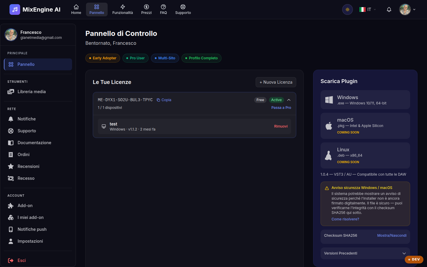Il tuo pannello di controllo